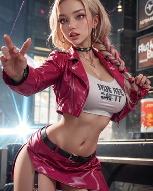 beautiful latino lilianmorningstar, latex choker, leather trenchcoat, croptop , confident, pink star earrings, cinematic lightning, action pose, lens flare, hair braids, stockings, subway
