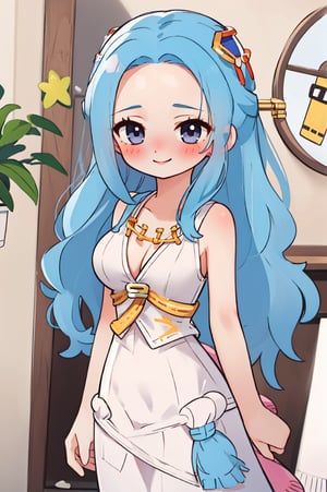 nefertari vivi,blue hair,1girl,beautiful,big breasts , perfect body, perfect face, total body,perfect anatomy,masterpiece, animegirl , sharp focus,blushing,small smile,casual outfit,sexy