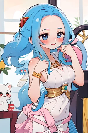 nefertari vivi,blue hair,1girl,beautiful,big breasts , perfect body, perfect face, total body,perfect anatomy,masterpiece, animegirl , sharp focus,blushing,small smile,casual outfit,sexy