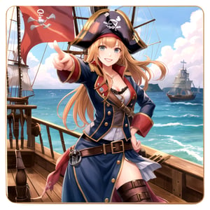 pirateship,  pirates of caribbean,  female pirate captain smiling, being brave, standing on pirate ship deck,  wearing pirate clothes, hand pointing to the sea,  another hand on hips,  detailed photo,  front view., High detailed.
dynamic pose.