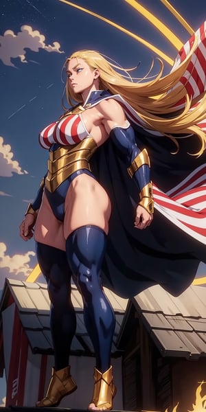 masterpiece, best quality, absurdres, perfect anatomy, 1girl, solo, outdoors, rooftop, midnight, full_body, feet, standing_up, muscular_body, muscular_female, gigantic_breast, lithe_body, facing_viewer, looking_at_viewer, focus, gigantic_breasts, ANIME_CathleenBate_MyHero_ownwaifu, CathleenBate, blonde_hair, bare_arms, bare_shoulders,  long_hair, blue_eyes, tall_female, floating_hair, skintight, superhero, cape, striped, leotard, gloves, vertical stripes, flag print, star \(symbol\), american flag print, armor,