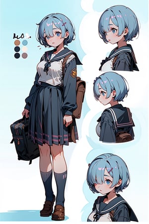 beautiful, masterpiece, best quality, extremely detailed face, perfect lighting, aarem, short hair, large breasts, hair over one eye, (school girl, school uniform:1.6), book, (CharacterSheet:1), (multiple views, full body, upper body, reference sheet:1), back view, front view, (white background, simple background:1.2