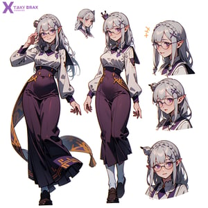 beautiful, masterpiece, best quality, extremely detailed face, perfect lighting, grey hair, crown braid, white flower, ribbon, pointy ears, purple eyes, braid, rose, flower, hair flower, x hair ornament, bangs, blunt bangs, long hair, white hair, square glasses, (CharacterSheet:1), (multiple views, full body, upper body, reference sheet:1), back view, front view, (white background, simple background:1.2), large breasts, dynamic pose, (teacher clothes, teacher:1.6), smile