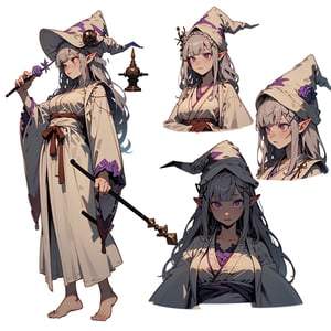 beautiful, masterpiece, best quality, extremely detailed face, perfect lighting, grey hair, crown braid, white flower, ribbon, pointy ears, purple eyes, braid, rose, flower, hair flower, x hair ornament, bangs, blunt bangs, long hair, white hair, wand, (CharacterSheet:1), (multiple views, full body, upper body, reference sheet:1), back view, front view, (white background, simple background:1.2), large breasts, dynamic pose, (wizard robe, wizard hat:1.6), robe
