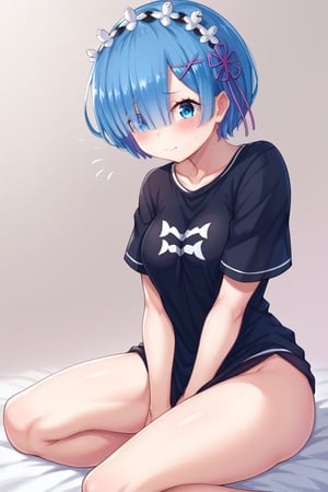 score_9, score_8_up,score_7_up, score_6_up, score_5_up, score_4_up, ,score_9_up,

1girl, rem \(re_zero\), 1girl, blue eyes, blue hair,, medium breasts

(shirt tug, covering privates, covering crotch, embarassed, v arms, hand between legs, no panties:1.0), bottomless, (shirt, bare legs:1.0), 