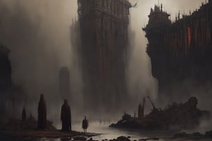 Painting made by Zdzislaw Beksinski, david and goliath, masterpiece, megalophobia, acid trip, perfect_loop, unsettling feel, oil painting on hardboard, sepia colors