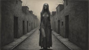 Painting made by John Kenn Mortensen, undead female in dark alley, hollow one, masterpiece, fever dream, unsettling feel, RAW, high_resolution, detailed background, pencil sketch, landscape