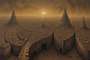 Painting made by Zdzislaw Beksinski, depressing view, victorian city, landspace, masterpiece, megalophobia, acid trip, unsettling feel, oil painting on hardboard, saturated sepia colors, photorealistic, Beksinski,more detail XL,art by sargent