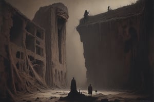 Painting made by Zdzislaw Beksinski, david and goliath, man in the wall, masterpiece, megalophobia, acid trip, unsettling feel, oil painting on hardboard, sepia colors, fear of unknown