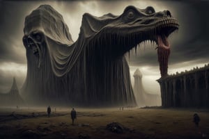 Painting made by Zdzislaw Beksinski, david and goliath, eldritch god, masterpiece, megalophobia, acid trip, unsettling feel, oil painting on hardboard, sepia colors, fear of unknown,photorealistic