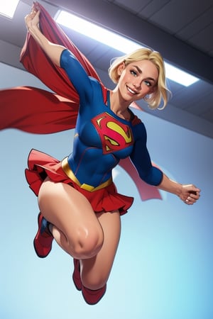 supergirl,kara,agawa,vibrant colors,warm palette,expressive,solid shading, kind look, sexy, blond_hair, whole body, smilling, looking_at_viewer, fully_clothed, fully_dressed, short hair