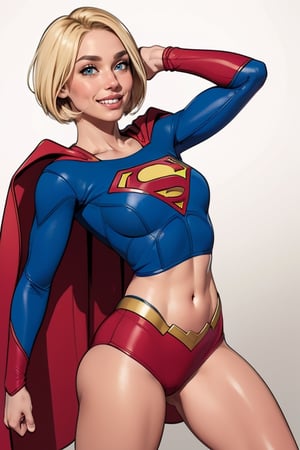 supergirl,kara,agawa,vibrant colors,warm palette,expressive,solid shading, kind look, sexy, blond_hair, whole body, smilling, looking_at_viewer, fully_clothed, fully_dressed, short hair