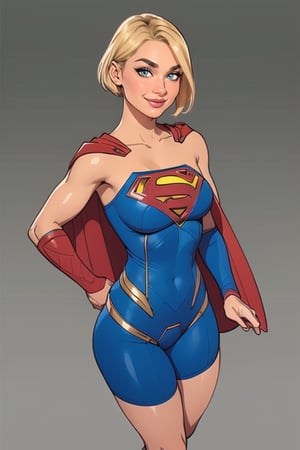 supergirl,kara,agawa,vibrant colors,warm palette,expressive,solid shading, kind look, sexy, blond_hair, whole body, smilling, looking_at_viewer, fully_clothed, fully_dressed, short hair