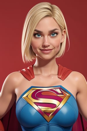 supergirl,kara,agawa,vibrant colors,warm palette,expressive,solid shading, kind look, sexy, blond_hair, whole body, smilling, looking_at_viewer, fully_clothed, fully_dressed, short hair, big cleavage, serious look, american teen, kara zor el