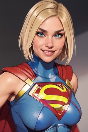 supergirl,kara,agawa,vibrant colors,warm palette,expressive,solid shading, kind look, sexy, blond_hair, whole body, smilling, looking_at_viewer, fully_clothed, fully_dressed, short hair