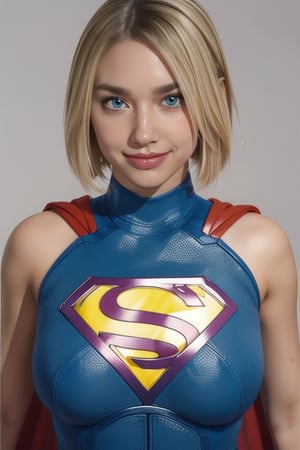 supergirl,kara,agawa,vibrant colors,warm palette,expressive,solid shading, kind look, sexy, blond_hair, whole body, smilling, looking_at_viewer, fully_clothed, fully_dressed, short hair, big cleavage