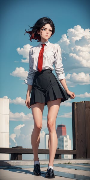 masterpiece, best quality, absurdres, perfect anatomy, 1girl, solo, outdoors, rooftop, midnight, full_body, feet, standing_up,  facing_viewer, looking_at_viewer, focus, slim_body, ruby rose, gradient_hair, black_hair, u.a. school uniform, micro_skirt, green_skirt, white_shirt, red_tie, loafers_shoes,
