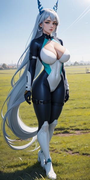 masterpiece, best quality, absurdres, perfect anatomy, 1girl, solo, outdoors, grass, full_body, feet, standing_up, muscular_body, facing_viewer, nejire hado, blue eyes, light blue hair, very long hair, gigantic_breast, bodysuit, gloves, thigh strap, heel_boots, cleavage,

