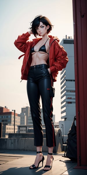 masterpiece, best quality, absurdres, perfect anatomy, 1girl, solo, outdoors, rooftop, midnight, full_body, feet, standing_up,  facing_viewer, looking_at_viewer, focus, slim_body, ruby rose, gradient_hair, black_hair, short_hair, heels, long_pants, micro_bikini, open_jacket,