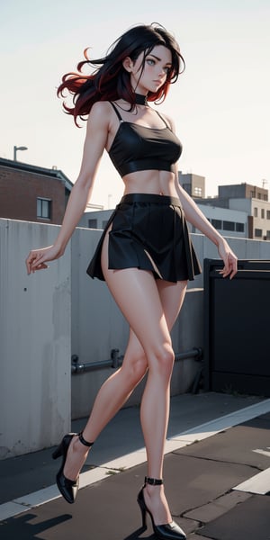 masterpiece, best quality, absurdres, perfect anatomy, 1girl, solo, outdoors, rooftop, midnight, full_body, feet, standing_up,  facing_viewer, looking_at_viewer, focus, slim_body, ruby rose, gradient_hair, black_hair,exposed_midriff, black_micro_skirt, white_camisole, heels,