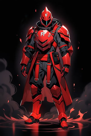 alone, looking at viewer,fireman,full body, red armor with black stripes, dark aura