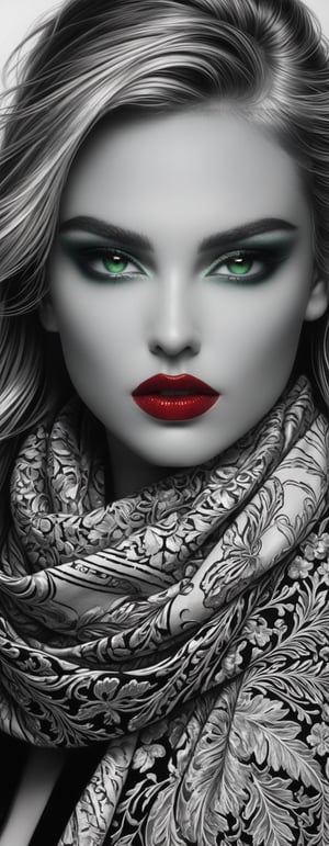 Pencil illustration, black and white, girl adorned with a scarf, her makeup enhancing her features, filigree adding elegance, (((shiny blue eyes, shiny red lips))), octane rendering, ultra-detailed, hyper-realistic, high quality masterpiece, shadows and textures creating depth and dimension, chiaroscuro effect, intricate details captured in each strand of hair and stitch of the ((bright red))scarf.