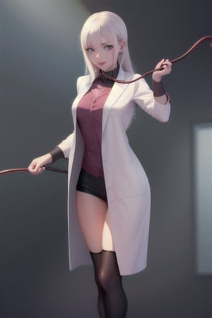 girl anime wearing long lab coat, dominatrix whip