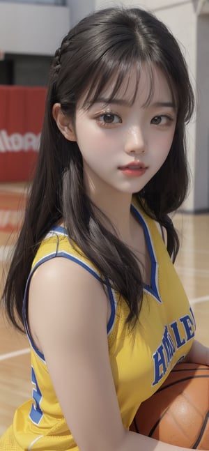 masterpiece, best quality, highly detailed, long hair, photorealistic, breasts, basketball outfit, 