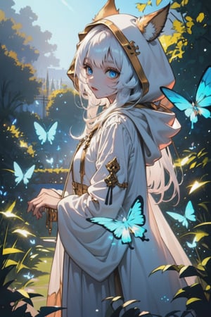 masterpiece, best quality, extremely detailed, 1girl, hood, erune, blue eyes, long hair, solo, garden, glowy, bight, giga lighting, cloak, hooded cloak, looking at viewer, dress, white hair, blue butterflies, from front, 