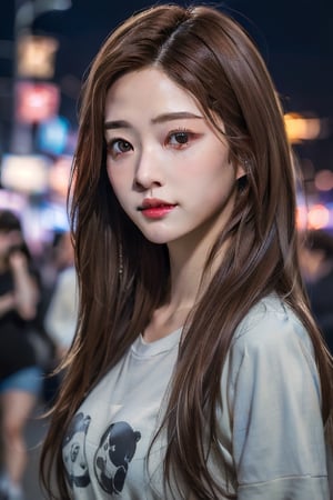 (Best quality, High resolution, Masterpiece :1.3), A pretty woman, Slender figure, Dark brown hair, T-shirt, (Street in city at night), Highly detailed face and skin texture, Detailed eyes, Double eyelid