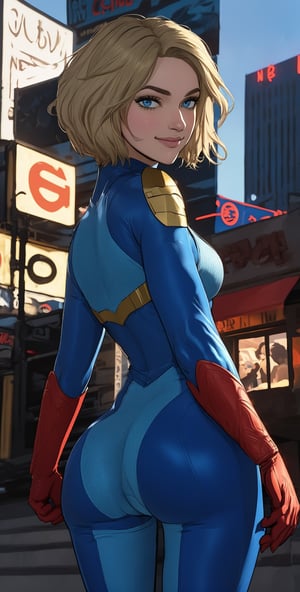 kara, short blonde hair,  blue eyes, smiling, 
blue body suit, S (symbol\), red gloves, 
standing, solo,  
morning, metropolis city,  
 (insanely detailed, beautiful detailed face, masterpiece, best quality), ass, butt, looking_at_viewer, looking_at_camera