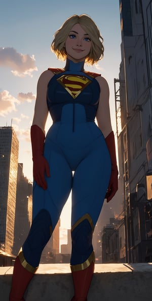 kara, short blonde hair,  blue eyes, smiling, 
blue body suit, S (symbol\), red gloves, 
standing, solo,  
morning, metropolis city,  
 (insanely detailed, beautiful detailed face, masterpiece, best quality), ass, butt, looking_at_viewer, looking_at_camera