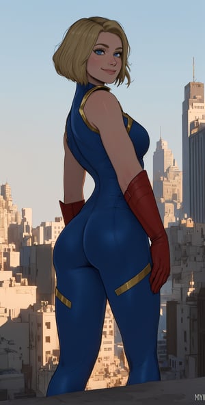 kara, short blonde hair,  blue eyes, smiling, 
blue body suit, S (symbol\), red gloves, 
standing, solo,  
morning, metropolis city,  
 (insanely detailed, beautiful detailed face, masterpiece, best quality), ass, butt