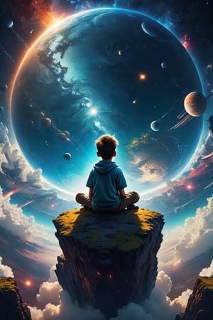 a magical, irreverent moment, a boy is sitting on a cloud (aerial view angle above the boy) in the sky and from up there he is looking at planet earth, the sky is full of stars, the boy has his head in his hands looking in admiration, (Better quality) (detailed) (realistic animation) (cinematic) 8k,color chaos