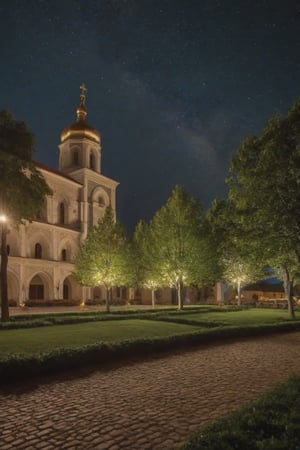 In a plain city, a place of peace and harmony we find a monastery with a beautiful garden, lamps illuminate the facade of the monastery, during the night the place is illuminated, some friars are entering the monastery, trees around it, the stars illuminate the sky, (Better quality) (detailed) (cinematic) HDR, 8k,