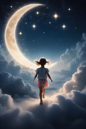 During the night, on top of the clouds a child is running enchanted by the magical moment, when looking at the stars she is enchanted, the sky is illuminated, the moon is shining, 