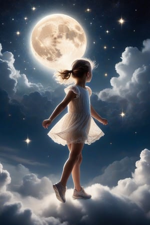 During the night, on top of the clouds a child is running enchanted by the magical moment, when looking at the stars she is enchanted, the sky is illuminated, the moon is shining, 