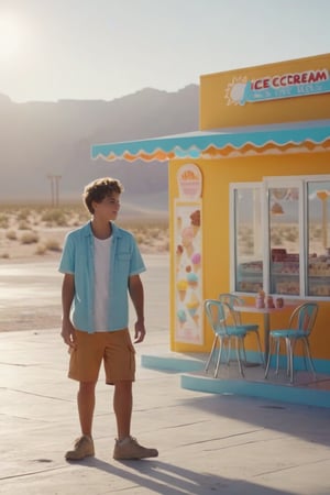 A deserted place, bright sun, scorching heat, a young traveler finds an ice cream shop (big, modern ice cream shop) in the middle of the desert, he looks at the ice cream shop with joy, (detailed) (cinematic) 8k,