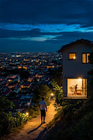 best quality) (realistic) Image from a professional photographer, a boy standing on top of a hill, he is looking at the window of a house and inside the house the television is on, the scene takes place at night, in the lower part of the house street, a village of houses is seen with the lights on, illuminating the city, Brazilian architecture, (Realistic painting) (enigmatic painting), 4k,