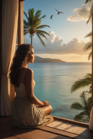 In a paradisiacal place, inside a small house a young woman (angle of view of the young woman from the waist up) is in her room looking out the small window (arms resting on the window) at the admirable landscape of a beach, in the landscape there are birds flying through the sky, the transparent water of the sea, the sun is setting, coconut trees, a small boat, (Better quality) (detailed) (realistic animation) (cinematic) 8k,Realistic Enhance