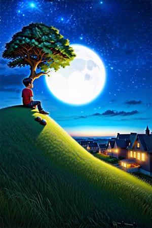 (best quality) (realistic) (masterpiece), (photo realistic), (extremely detailed), 8k, cinematic, A boy sitting on the branch of a tree, the tree is on top of a hill, the boy is watching the beauty of the night, bright moon, sky with many stars, down below the lights of the houses illuminate the small town,