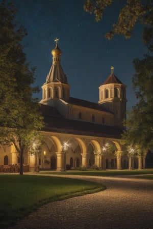 In a plain city, a place of peace and harmony we find a monastery with a beautiful garden, lamps illuminate the facade of the monastery, during the night the place is illuminated, some friars are entering the monastery, trees around it, the stars illuminate the sky, (Better quality) (detailed) (cinematic) HDR, 8k,