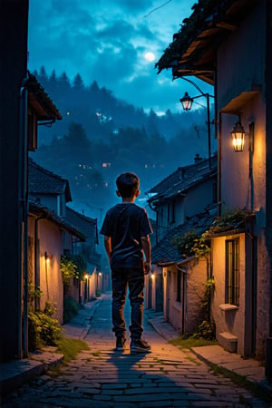 best quality) (realistic) Image from a professional photographer, a boy standing at the top of a street, he is looking through the window of a house and inside the house the television is on, the scene takes place at night, in the lower part of the street a village of houses is visualized with the lights on, illuminating the city, (Realistic painting) (enigmatic painting), 4k,