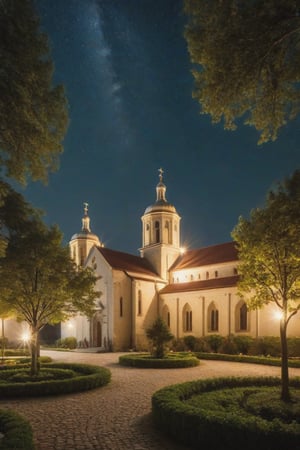 In a plain city, a place of peace and harmony we find a monastery with a beautiful garden, lamps illuminate the facade of the monastery, during the night the place is illuminated, some friars are entering the monastery, trees around it, the stars illuminate the sky, (Better quality) (detailed) (cinematic) HDR, 8k,