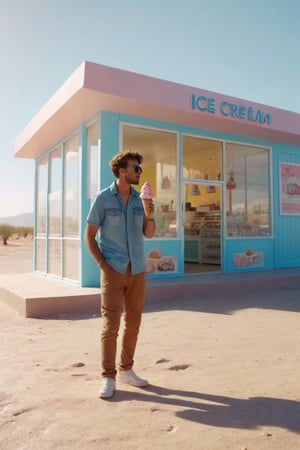 A deserted place, bright sun, scorching heat, a young traveler finds an ice cream shop (big, modern ice cream shop) in the middle of the desert, he looks at the ice cream shop with joy, (detailed) (cinematic) 8k,