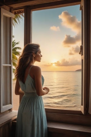 In a paradisiacal place, inside a small house a young woman (angle of view of the young woman from the waist up) is in her room looking out the small window (arms resting on the window) at the admirable landscape of a beach, in the landscape there are birds flying through the sky, the transparent water of the sea, the sun is setting, coconut trees, a small boat, (Better quality) (detailed) (realistic animation) (cinematic) 8k,Realistic Enhance