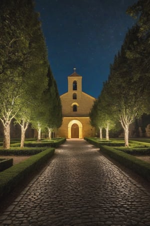 In a plain city, a place of peace and harmony we find a monastery with a beautiful garden, gates illuminate the facade of the monastery, during the night the place is illuminated, some friars are entering the monastery, trees around it, the stars illuminate the sky, (Better quality) (detailed) (cinematic) HDR, 8k,