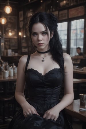 A young woman, 18 years old, Emy Lee (lead singer of Evanescence) black hair, blue eyes, sarcastic look expression, white skin, is wearing gothic style dress, she is in an American coffee shop, (Better quality) (realistic) (detailed) (cinematic) (full body shot) 8k, 1080p