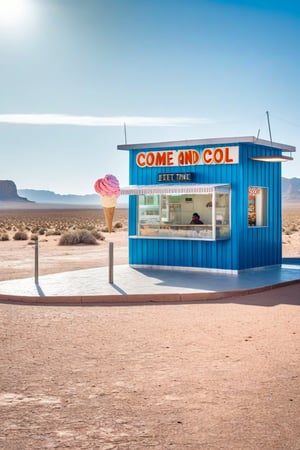 Image of a deserted, arid place, scorching weather, a young traveler finds a modern ice cream shop (above there is a sign saying: come and cool off) in the middle of the desert, (Better quality) (detailed) (cinematic) HDR, 8k,