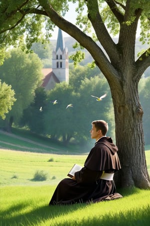 (best quality) (realistic) (masterpiece), (photo realistic), (extremely detailed), 8k, cinematic, in a beautiful landscape, a green field, an inspiring moment, a young friar wearing a Franciscan religious habit sitting under a tree , he has the Bible in his hands, looking up he is thoughtful, the shadow of the tree envelops his space, it is a sunny day, in the distance you can see a church with a high tower, birds are passing through the sky, love scene , divine moment,